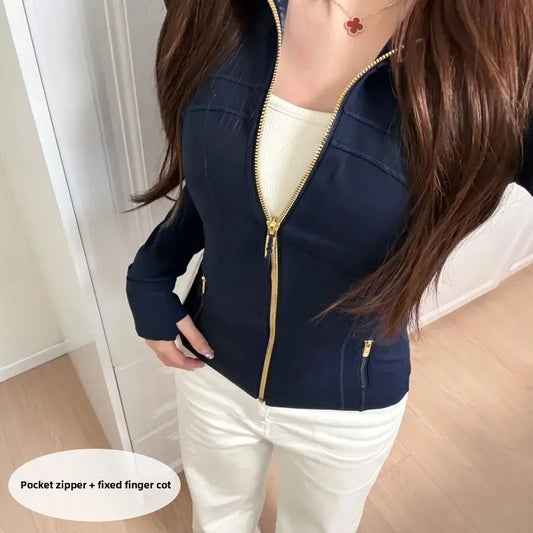 Light Blue Yoga Wear Women's Thin Outerwear 2025 New Shoulder Fit Waist Cinch Early Autumn Fishbone Sports Top