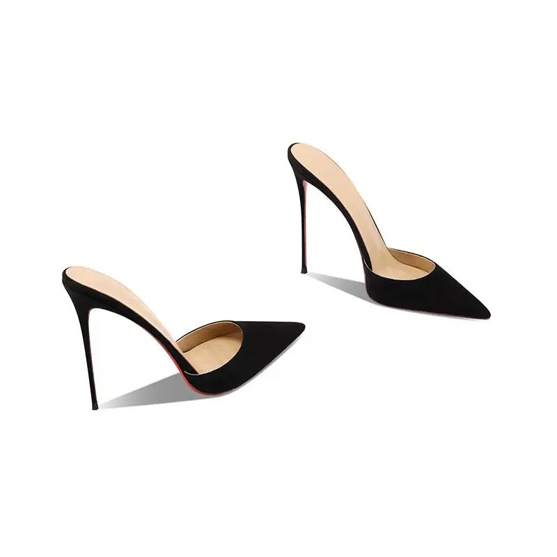 2025 new black suede high-heeled slippers with a warm and sexy temperament, pointed red bottom and slim heels for women