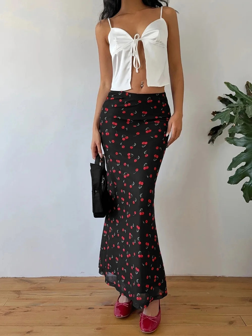 Summer Fashion Long Skirts for Women's Cherry Print High Waist Contrast Patchwork Slim Elegant Sexy Slim Ladies Y2k Maxi Skirt