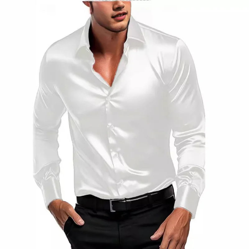 Mens Shirts Silky Luxury Satin Fabric Autumn Blouse Elegant British Long-Sleeved Smooth Business Office Shirts Party Tuxedo Tops