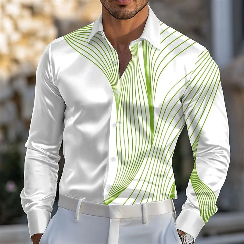 Men's geometric gradient wave satin long-sleeved shirt fashion casual vacation daily summer spring and autumn lapel shirt