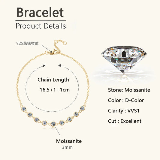 Lnngy 3mm Bezel Moissanite Bracelet Certified 925 Sterling Silver Chain Bracelets For Women Grils Adjustable Hand Jewelry Gift