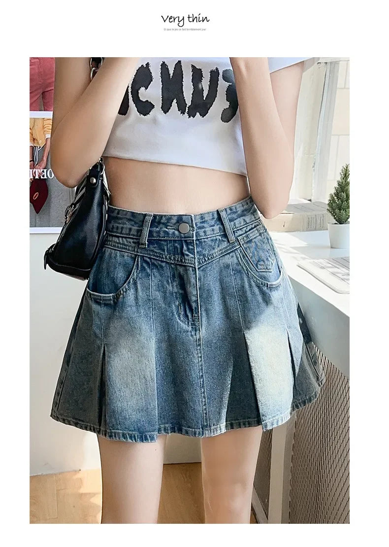 Fashionable High Waist A- Line Mini Skirt Women's Summer New Style American Retro Denim Skirts Cotton Slimming Pleated Skirts