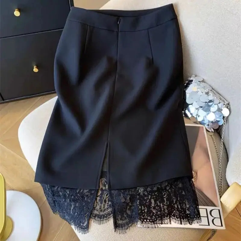Autumn New Sexy Women's Slim Temperament Bag Hip Skirt Elegant Lace Patchwork Office Lady Midi Skirt Fashion Split Jupe 432P