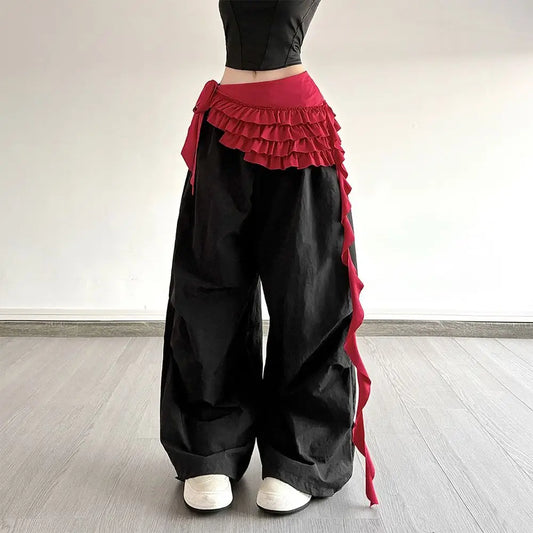 Embroidered Flower Lace Mini Skirt See Through Irregular Ruched Skirts Harajuku Lace-up Design Lace Up Ruffles Skirt