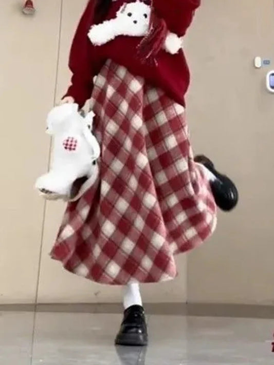 Red Plaid Midi Skirt Women Fall Winter Vintage High Waist Sweet Woolen Cloth Skirts Retro Loose Preppy Aesthetic Female Skirt