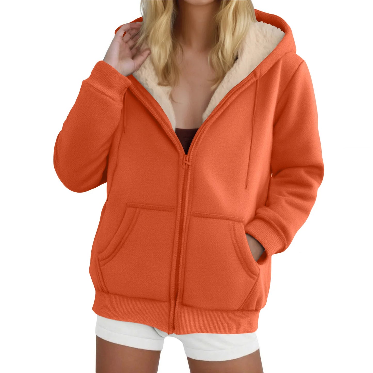 Women's Fleece-Lined Thickened Hooded Sweatshirt Solid Color Autumn Winter Thick Warm Hoodies Zipper Up Pocket Loose Jackets