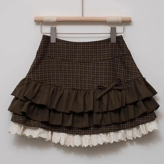 Japanese Sweet Lolita Mini knitting Skirts Women Y2K Harajuku Lace Patchwork Bow Cake Skirt High Waist Fashion A Line Skirts