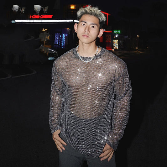FEWQ Sequins Decoration Men's T-shirts Mesh Design Round Collar Tops Long Sleeved See-through Pullover Male Tees Niche 24K4819