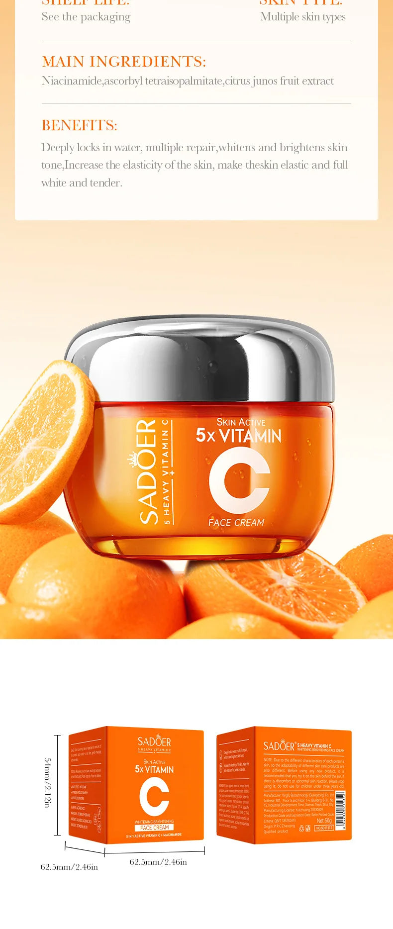 SADOER Vitamin C Face Cream Facial skincare Firming Moisturizing Brightening Hydrating Facial Creams Beauty Face Skin Care