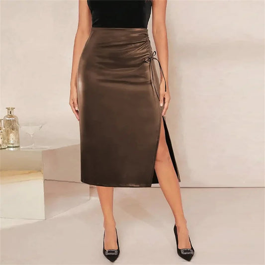 Y.KUKU Sexy PU Skirts For Women Fashion Black Drawstring Midi Skirt Streetwear High Waist Women Clothing Saia Faldas Femme