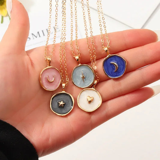 Minimalist Moon Star Enamel Necklaces for Women Girls Colorful Heart Lightning Enamel Pendant Clavicle Chain Party Daily Jewelry