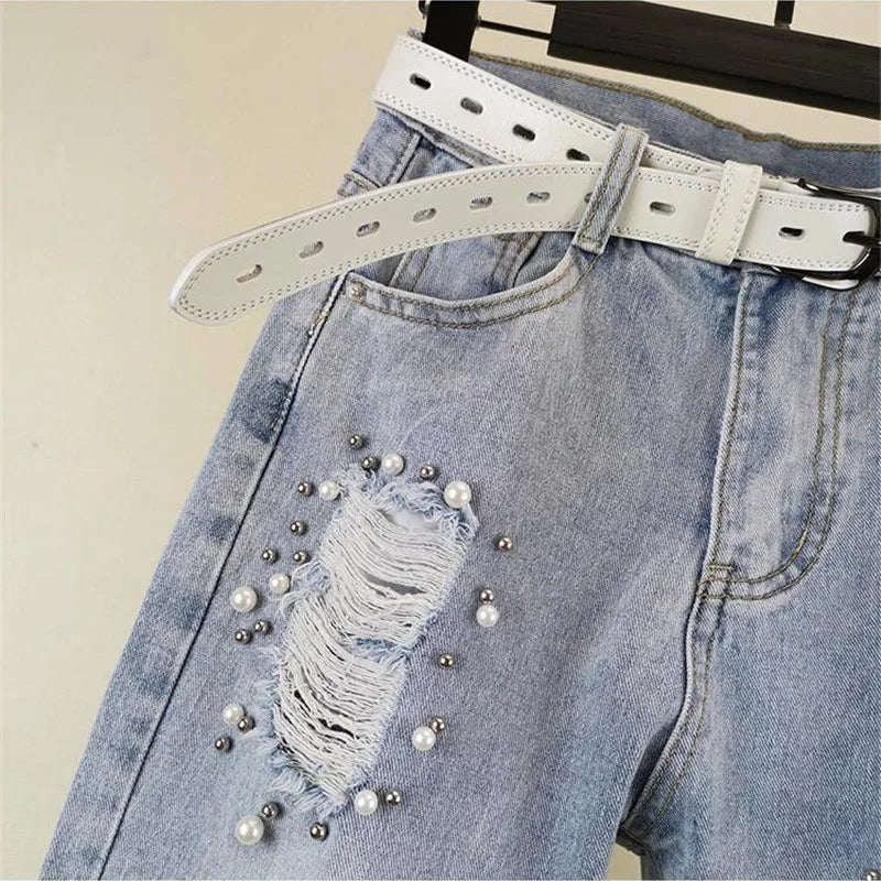 Women Hole Jeans 2023 Spring Summer New Loose High Waist Denim Pants Heavy Beading Straight Nine Points Harem Cowboy Trousers
