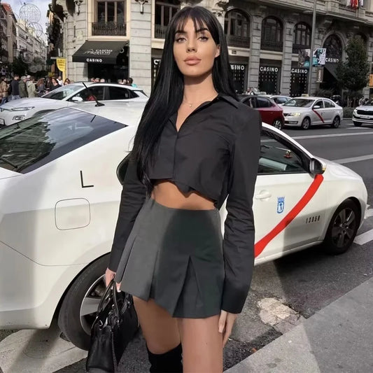 HXAO Pleated Mini Skirt Pants High Waist Grey Short Skirts Women Summer Black Skirt Shorts Streetwear Casual Women's Skort
