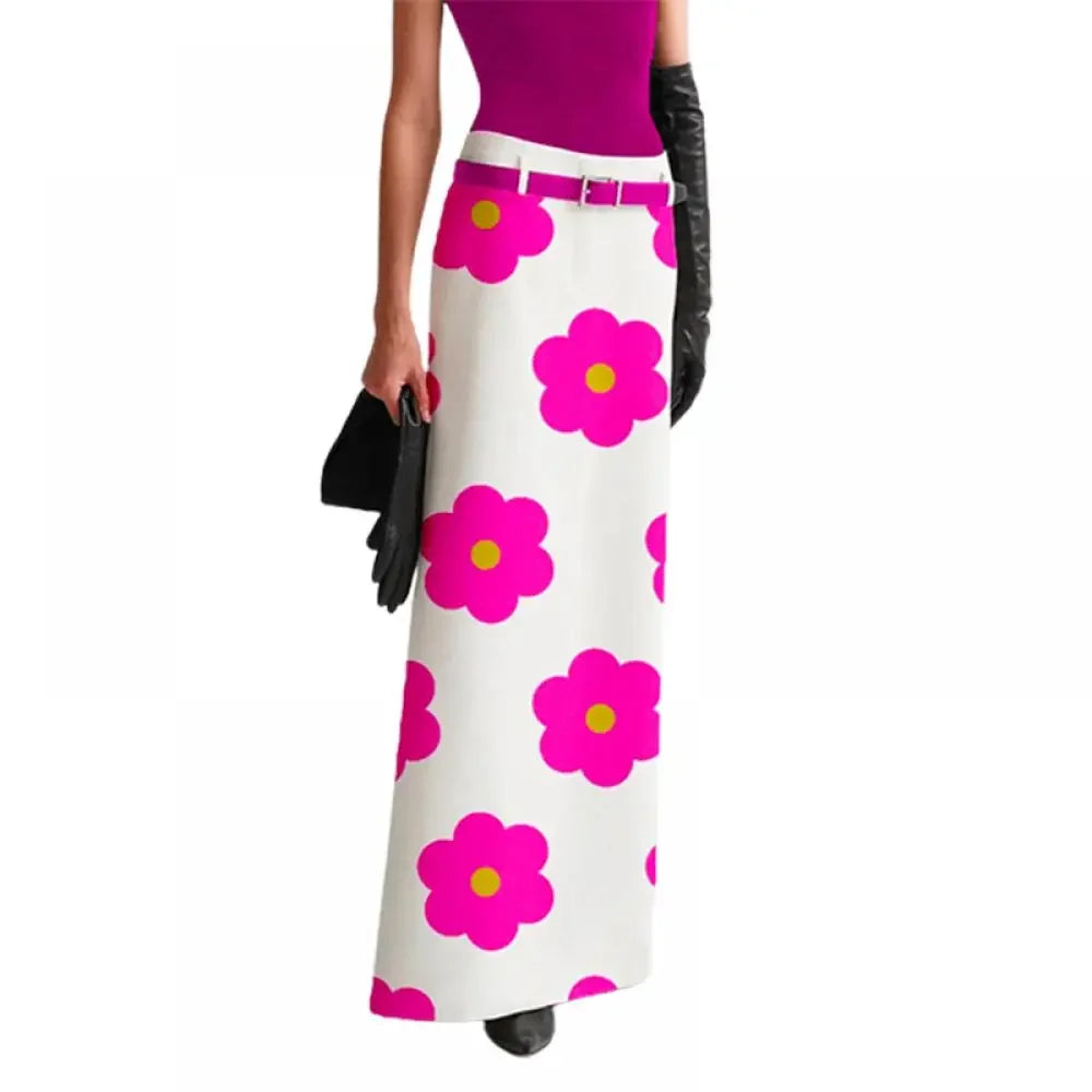 Onecozyday Women's Elegant Skirt Contrast Color Floral Printed High Waist H-line Full Length Skirts Split-Back Party Wear Skirts