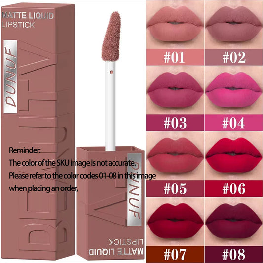 DUNUF 8-color matte velvet smooth easy-to-apply square tube lip gloss waterproof three-dimensional plumping lipstick