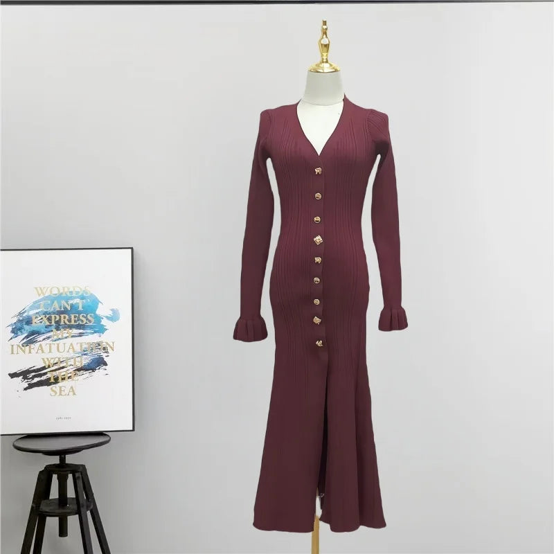 Elegant Evening Dress Women V Neck Long Sleeve Patchwork Button Pleated Sweater Dresses 2024 Autumn Winter Knit Maxi Dress