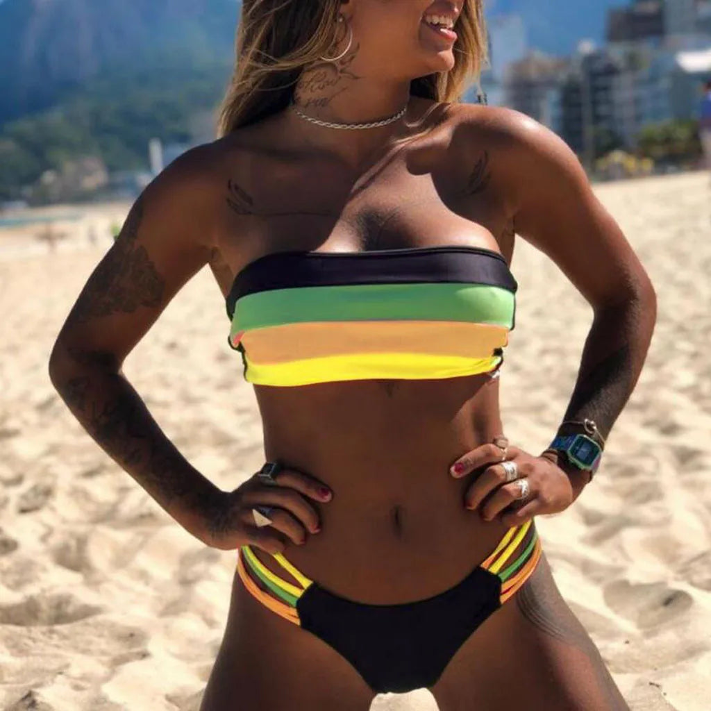Bathing Suit Women Push-Up Swimwear New Colored Stripes Padded Strapless Bikini Set Summer Swimwears Tankinis Set Bikini Bottoms
