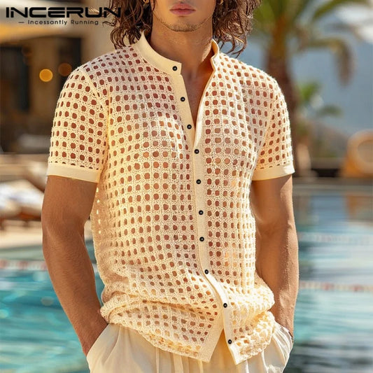 INCERUN Men Shirt Mesh See Through Hollow Out O-neck Short Sleeve Men Clothing Streetwear Summer 2025 Loose Fashion Male Tops