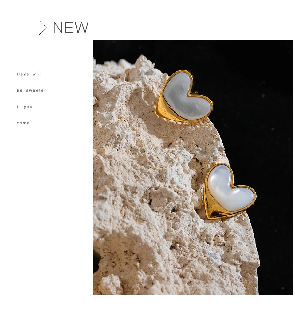 Yhpup Exquisite Stainless Steel Natural Shell Heart Love Chic Stud Earrings for Women Gold Color Fashion Charm Jewelry Bijoux