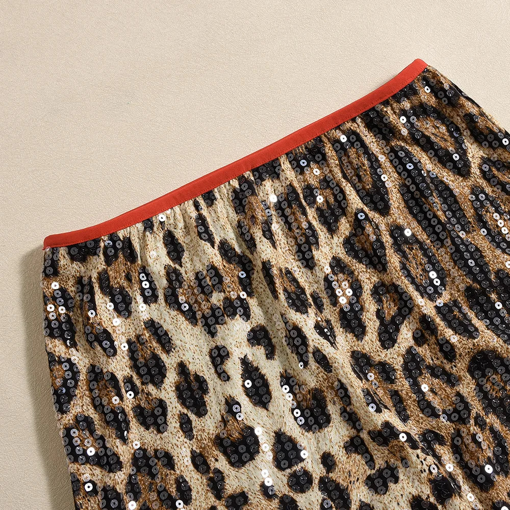 CMYAYA High Waist Women's Midi Skirt Leopard Sequined Sweet Slim Sexy Casual Elastic 2025 Spring Street Night Skirts Vacation