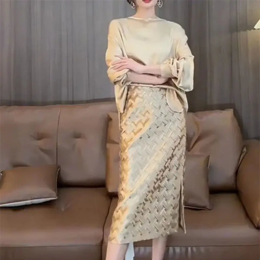 Luxury Women's Woven Satin Skirt Autumn New Fashion Office Lady Midi High Waist A Line Skirt Elegant Party Faldas Mujer 493P