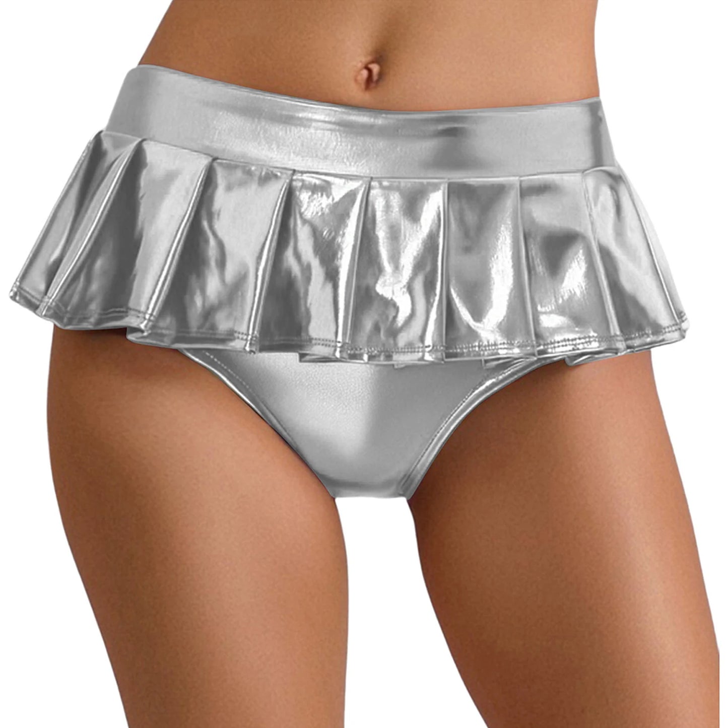 Womens Metallic Shiny Mini Skirt Elastic Waistband Pleated Skirted Underwear Culottes Micro Miniskirts Rave Party Nightclub Wear