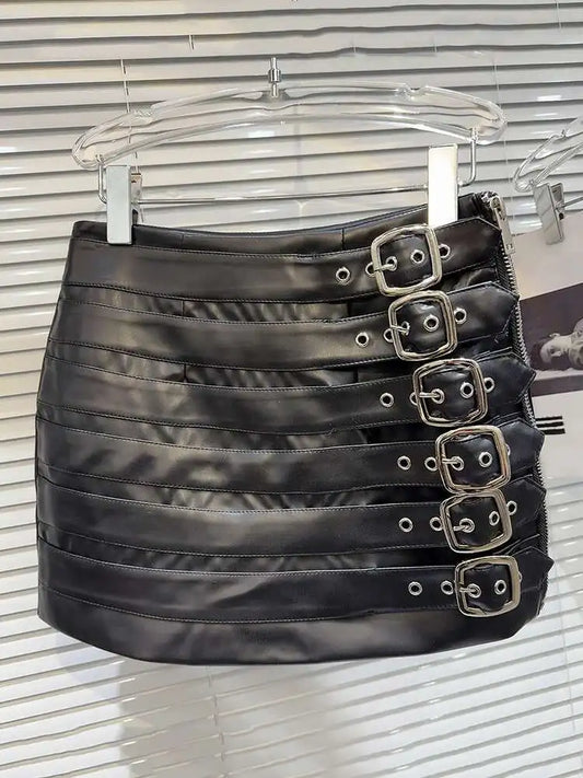 DEAT Trendy Women's Multi Belt PU Leather Mini Skirt 2024 Spring Fashion New Items High Waist Wrap Hip Skirts Female 11XX7390
