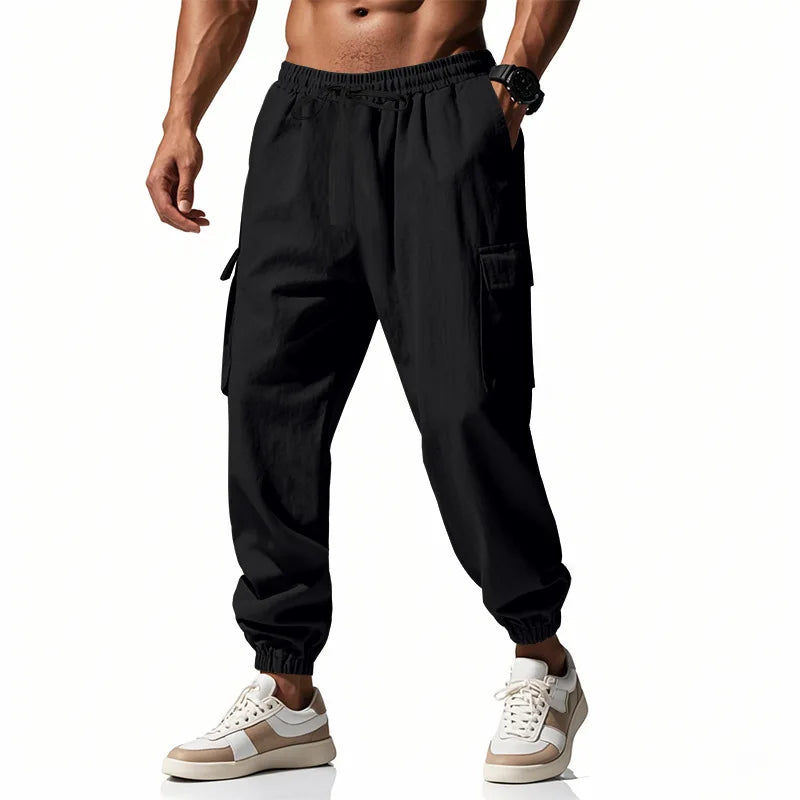 2025 New Men's Cotton and Linen Multi Pocket Ankle Pants, Loose Drawstring Pants Workwear Sports Trend Men's Pants