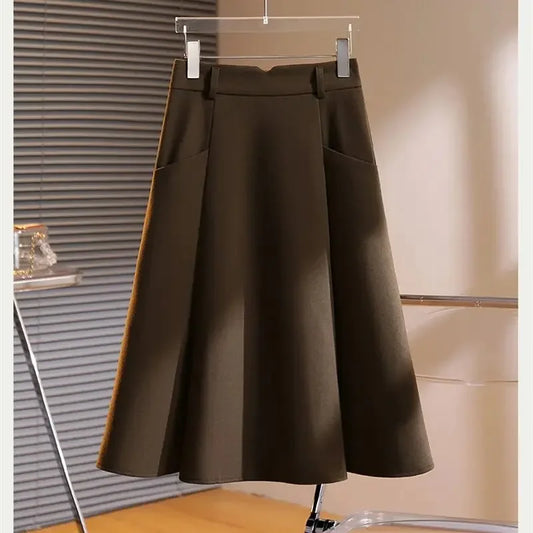 New Spring Autumn Fashion Skirt Women Elegant High Waist Solid Color A-line Casual Midi Skirts Office Lady Women's Clothing
