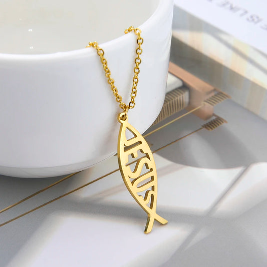 LIKGREAT Christian Jesus Fish Pendant Necklace for Women Stainless Steel Ichthys Faith Pray Choker Jewelry Valentine's Day Gifts