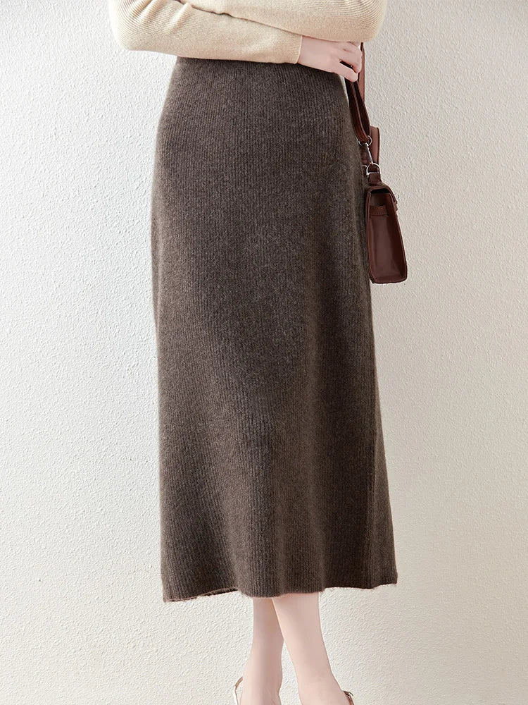 100% Merino Wool Knitted Half Skirt Autumn Winter Women's Elegant A-line Skirt High Waisted Mid Length Slimming Thick Warm Dress