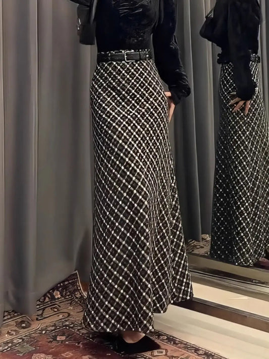 Fashion trend plaid thin high waist skirt women's 2025 autumn and winter new loose cover thin niche long skirt