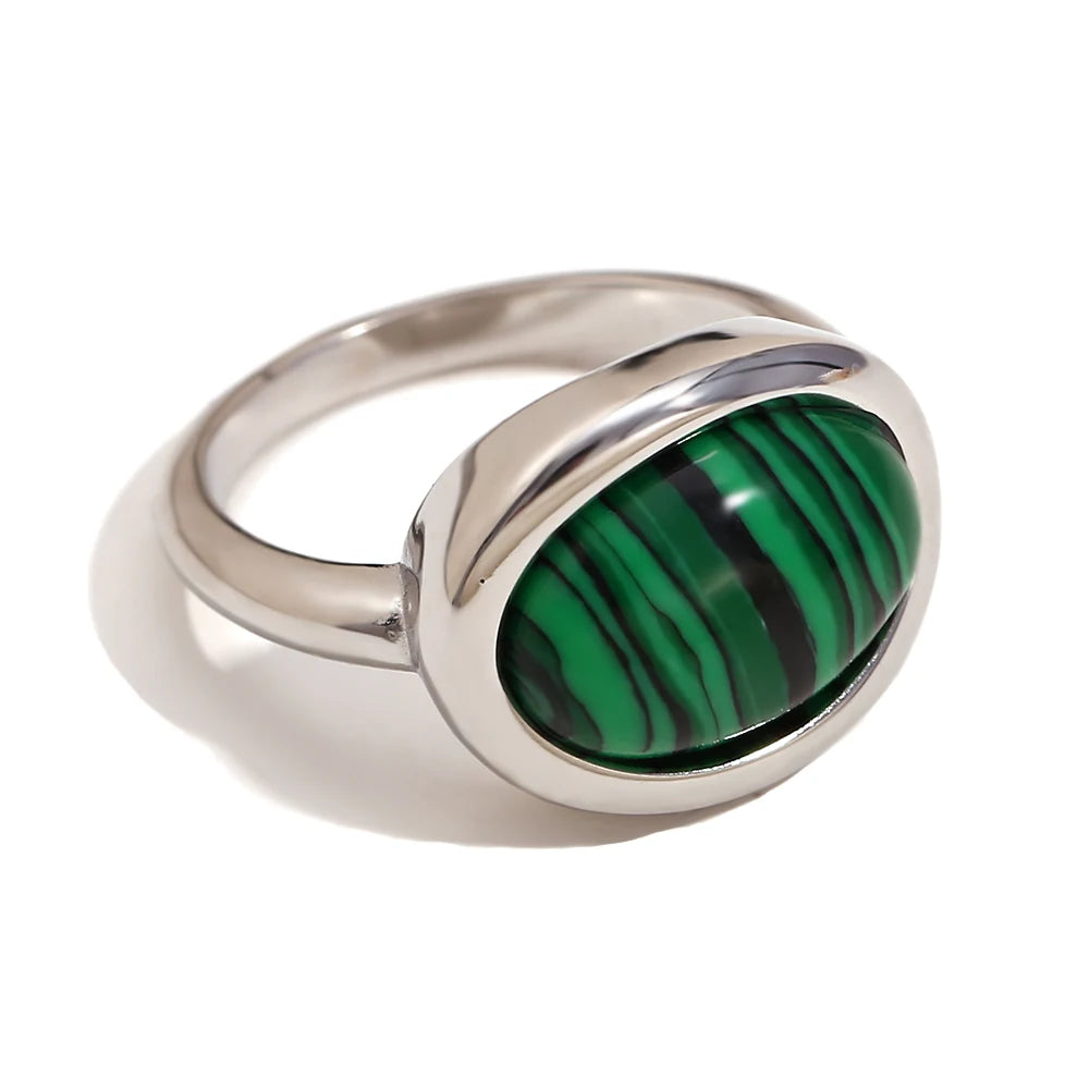 E.B.belle Minimalist Style Gemstone Ring Oval Shape Natural Stone 18k Gold Plated Stainless Steel Jewelry For Women Party GIft