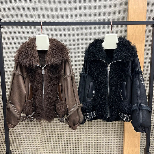 2025 New Real Fur Coat Winter Jacket Women Natural Rabbit Fur Lambswool Collar Luxury Outwear Loose Thick Warm Female Coat