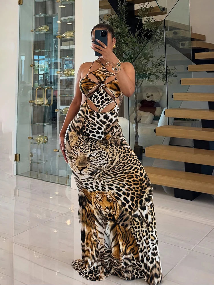 Sisterlinda Sexy Backless Dress Women Hollow Tiger Print Sleeveless Stretch Turtleneck Midnight Prom Party Clubwear Long Bodycon