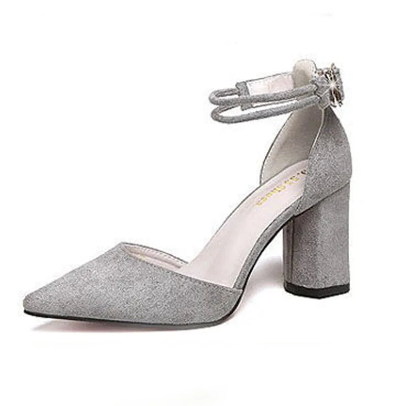 2025 Summer Square High Heels Women Shoes Flock Pointed Sandals Sexy Female Sandalias Shoes Ankle Buckle 6cm Heel Casual Pumps