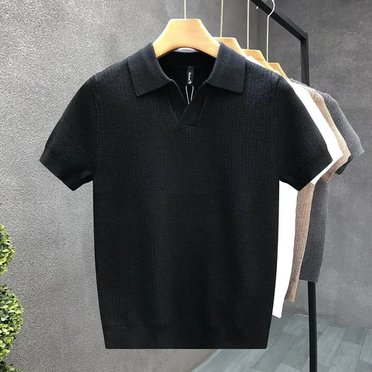 Casual Knitted Polo Shirt Men's Short Sleeve Cuban Collar T-Shirt Summer Fashion Individualistic Turn-down Collar Male Top