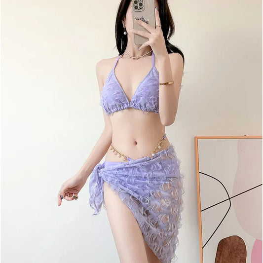 Sexy Slimming Bikini Three-Piece Swimsuit Women's Ins Style Purple Swimwear Show off Your Curves in This Trendy Bikini Set