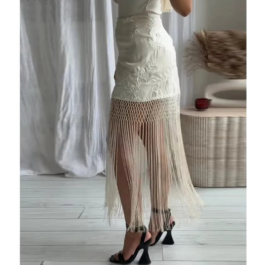 MUJER Embroidery Lace Long Skirt Woman High Waist Midi Skirts for Women Summer Beach Skirt Woman Tassel Women's Skirts Cylinder