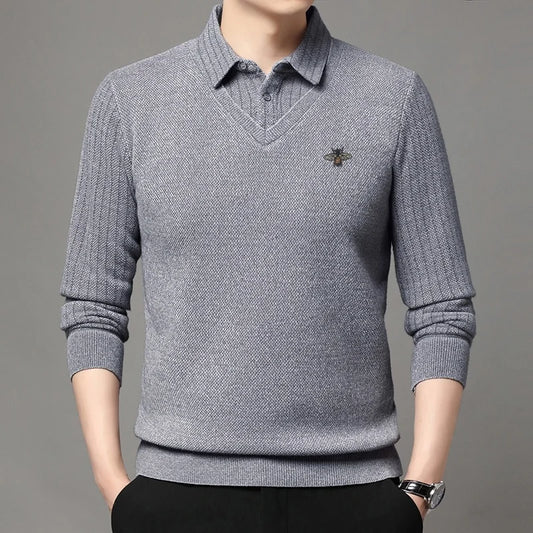Designer Quality Men's Lapel Fake Two-Piece Long Sleeve T-Shirt Winter New Bee Print Plush Thickening Sweater Business Menswear