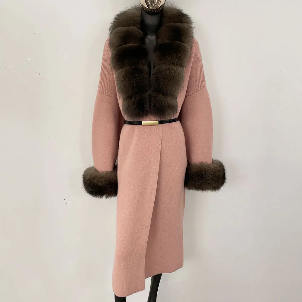 Long Knitwear Coat Women Warm Belt Real Fox Fur Jacket Female 2024 New Autumn Winter Kintted Natural Fur Coat Women