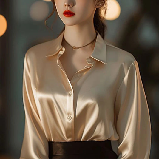 Spring Summer Casual Women's Satin Shirt Lapel Long Sleeve Blouse Loose Solid Color Office Lady Fashion Shirts Top