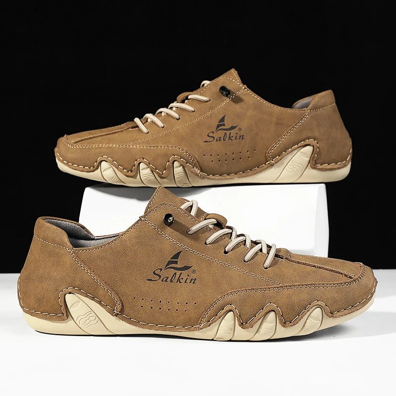 New 2025 Fashion Handmade Leather Casual Men Shoes Design Sneakers Slip On Loafers Breathable Low Top Flats Driving Plus Size