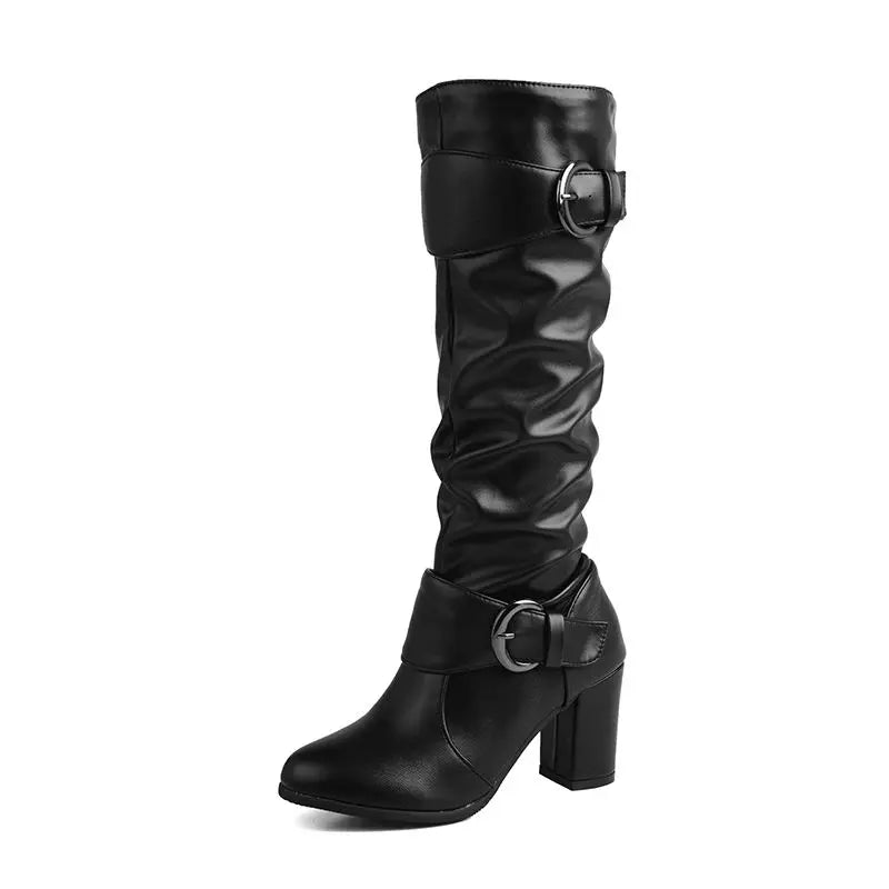 REAVE CAT Classic Women Knee High Boots Round Toe Block Heels 7.5cm 51 52 Pleated Fashion Booties