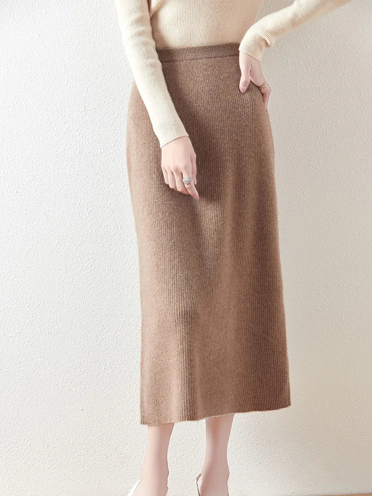 100% Merino Wool Skirt Women's Elastic Waist Cashmere Striped Skirts Office Lady Knitted Simple Dress Thickening Autumn Winter