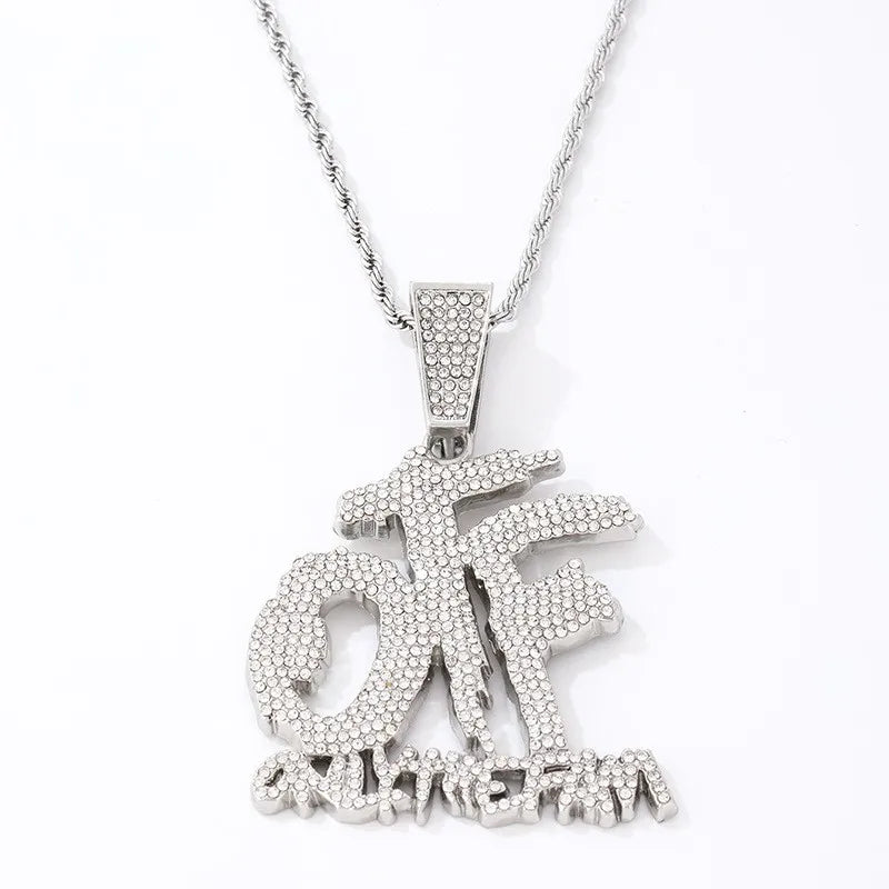 Luxurious Ice Letter Otf Letter Pendant Necklace for Men and Women Fashion Rock Party Birthday Jewelry Gift