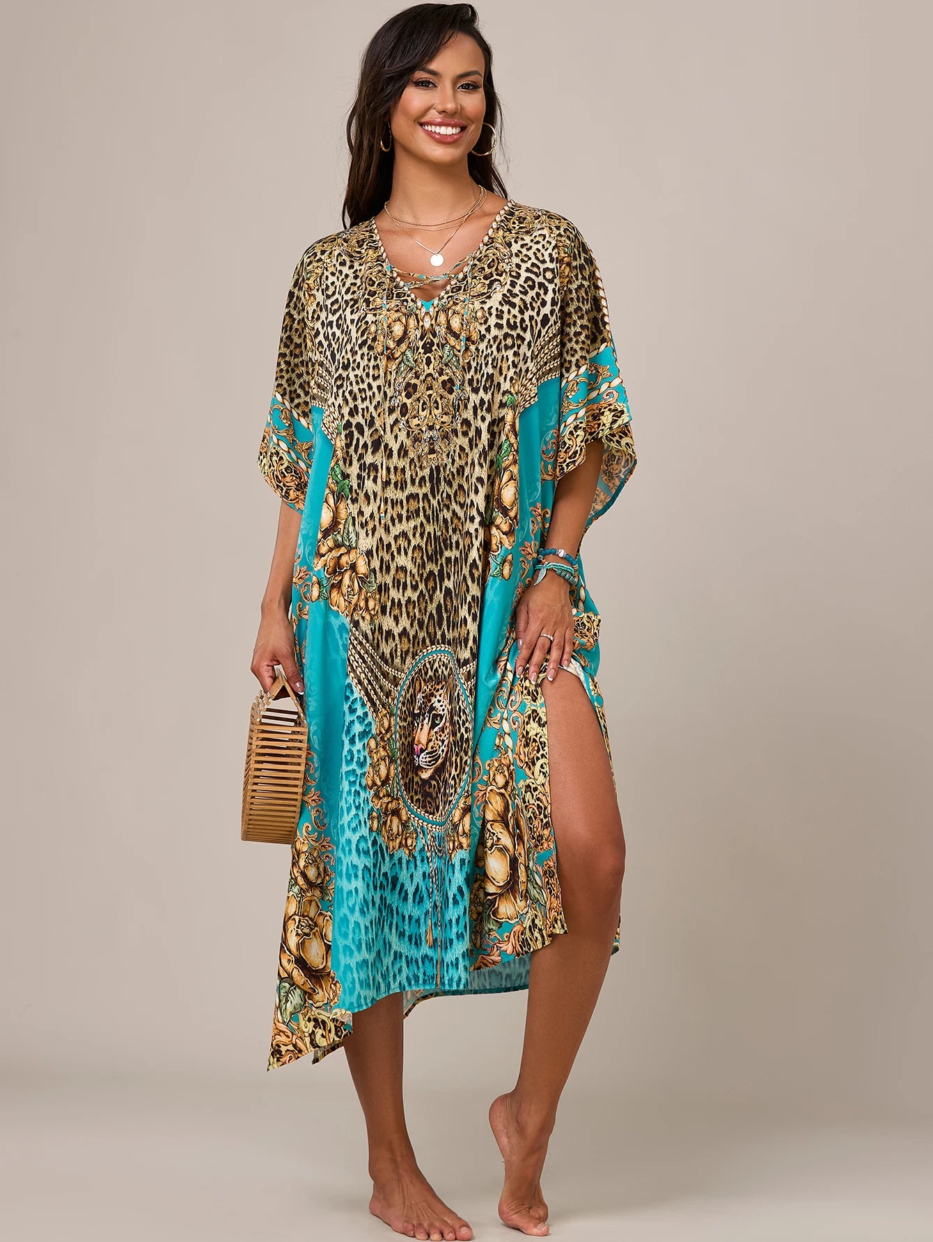 Women's Kaftan Dresses, Colorful Print Mrs Roper Caftan, Bathing Suit Cover Ups Beach Dresses