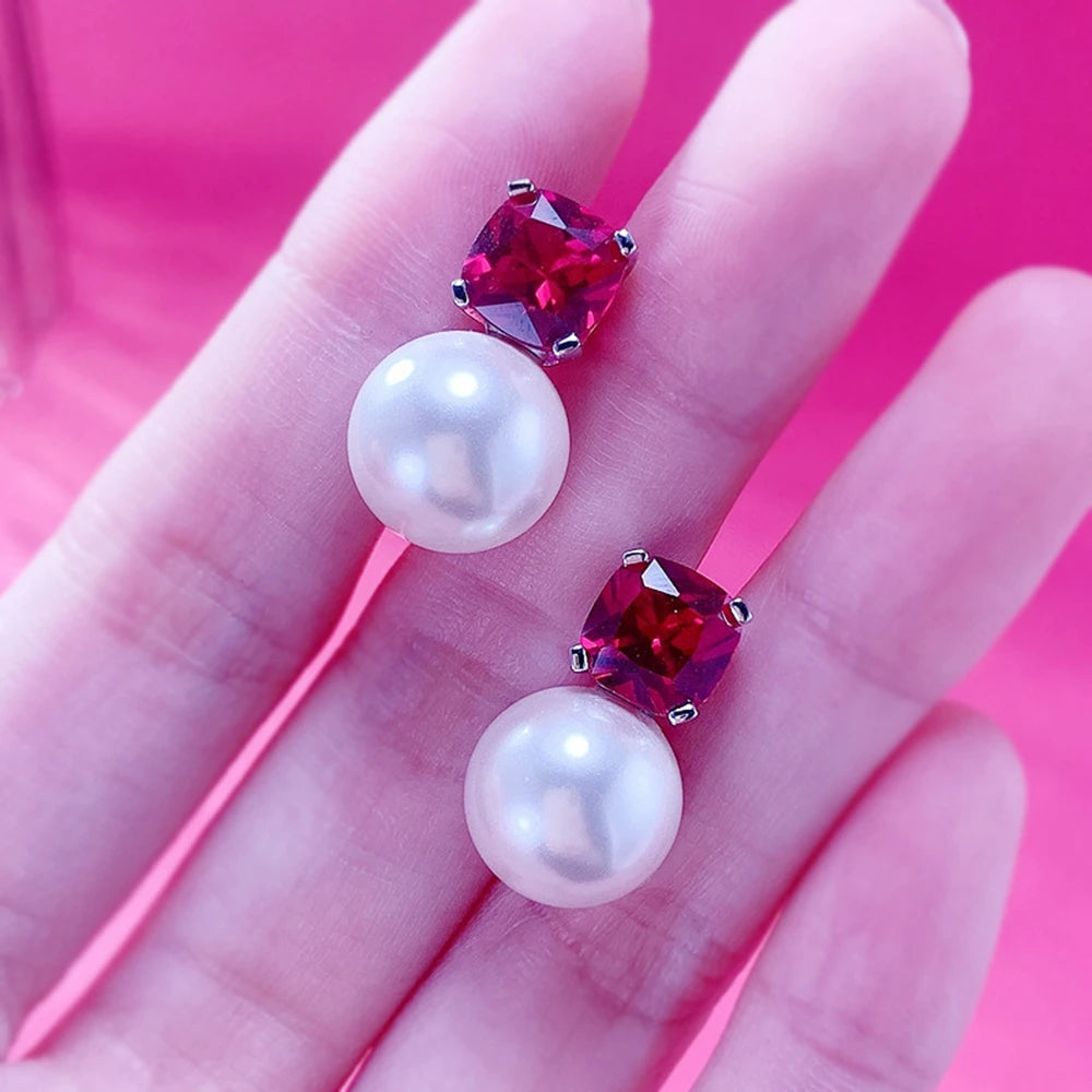 Vinregem 12 MM Pearl Ruby Gemstone Vintage Ear Studs Earrings for Women 925 Sterling Silver Fine Jewelry Wedding Party Wholesale