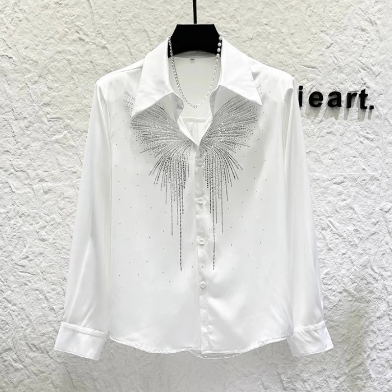 Heavy Industry Butterfly Rhinestone Shirt Men's Korean Version Shoulder Pad Versatile Casual Shirt Stage Performance Streetwear